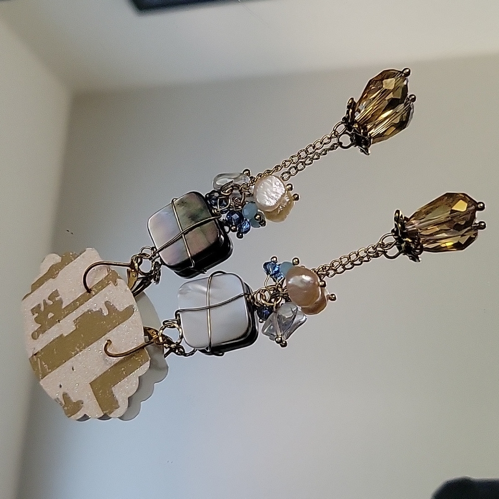 Handmade pearl and blue glass bead dangle earrings with gold toned findings